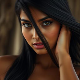 A beautiful and sensual Indian girl with long, flowing black hair cascading down her shoulders