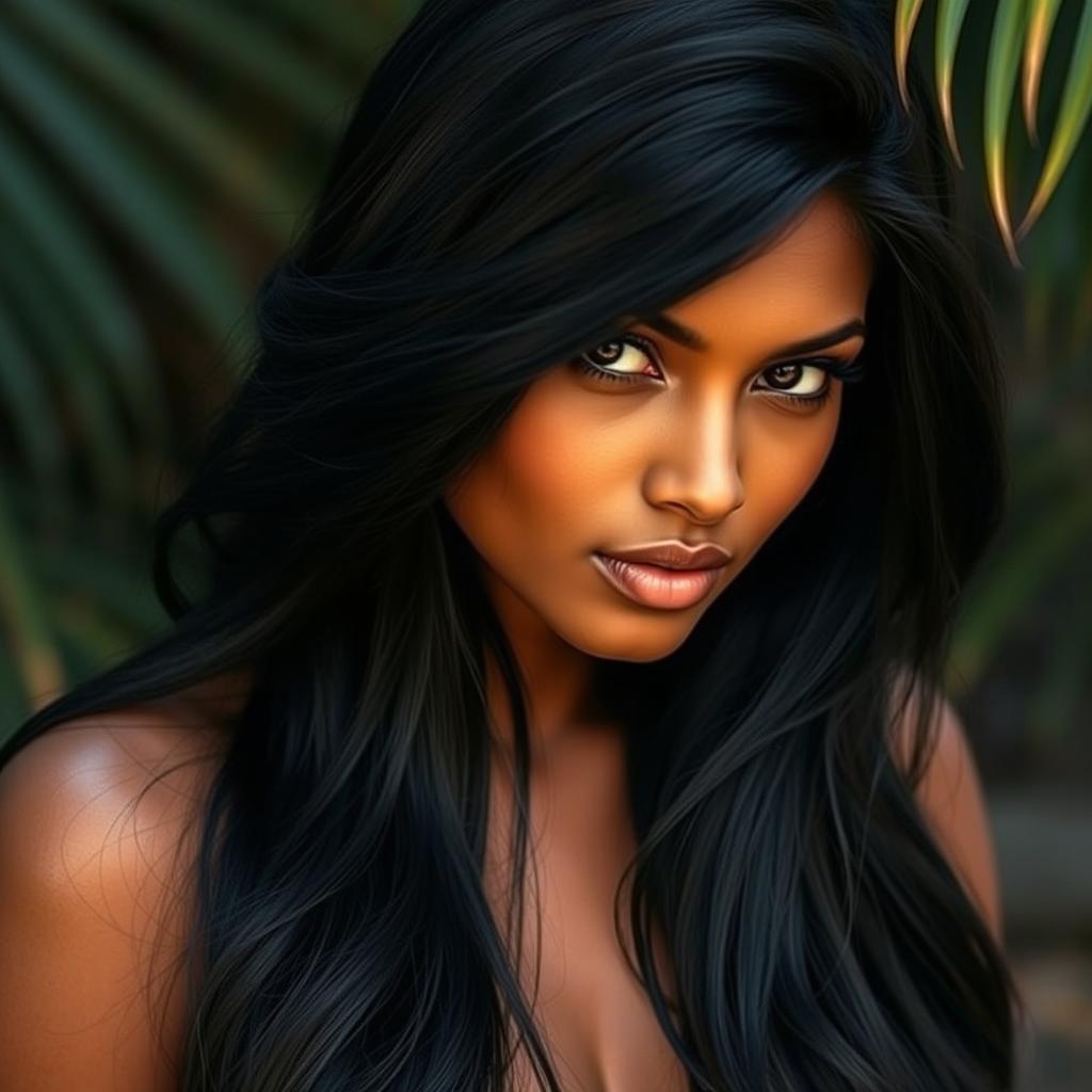 A beautiful and sensual Indian girl with long, flowing black hair cascading down her shoulders