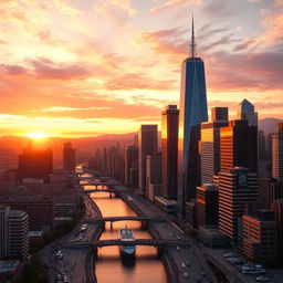 A vibrant cityscape during sunset with skyscrapers glistening in the warm glow of the sun