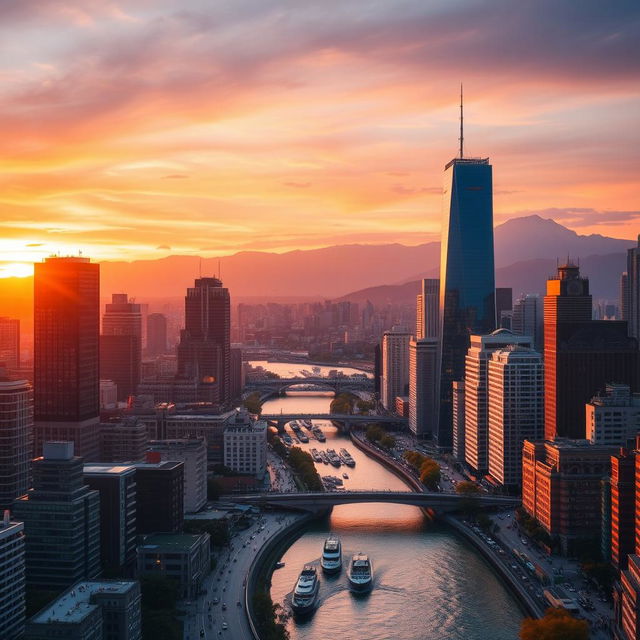 A vibrant cityscape during sunset with skyscrapers glistening in the warm glow of the sun