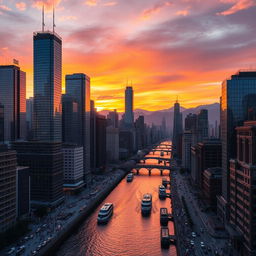 A vibrant cityscape during sunset with skyscrapers glistening in the warm glow of the sun