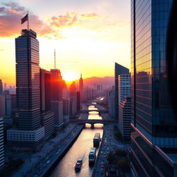 A vibrant cityscape during sunset with skyscrapers glistening in the warm glow of the sun