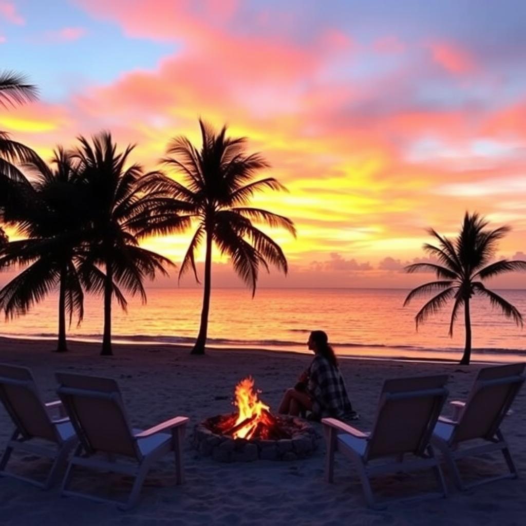 A gorgeous sunset over a tranquil beach with palm trees swaying gently in the breeze