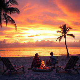 A gorgeous sunset over a tranquil beach with palm trees swaying gently in the breeze