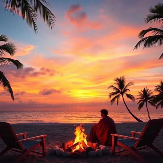 A gorgeous sunset over a tranquil beach with palm trees swaying gently in the breeze