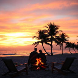 A gorgeous sunset over a tranquil beach with palm trees swaying gently in the breeze