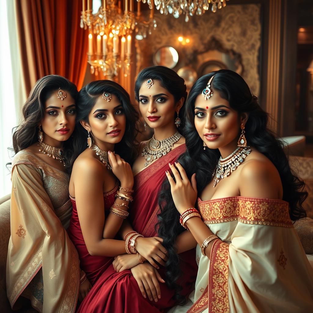 A composition featuring a group of attractive Indian women in a sensual and glamorous atmosphere, with focus on their alluring beauty and elegance