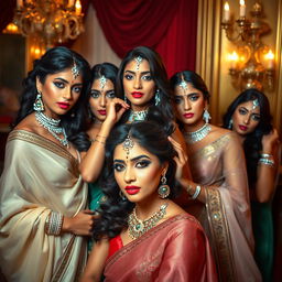 A composition featuring a group of attractive Indian women in a sensual and glamorous atmosphere, with focus on their alluring beauty and elegance