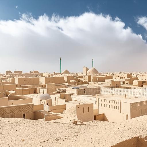 The ancient city of Yazd in the year 1200 Hijri solar, under a majestic sky adorned with white clouds, showcasing windcatchers and sand-colored architecture