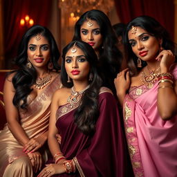 A composition featuring a group of attractive Indian women in a sensual and glamorous atmosphere, with focus on their alluring beauty and elegance