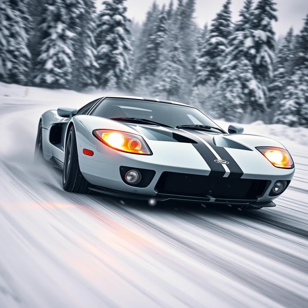 A 2006 Ford GT driving swiftly on a snowy track