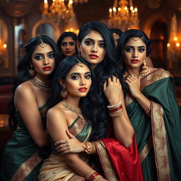 A composition featuring a group of attractive Indian women in a sensual and glamorous atmosphere, with focus on their alluring beauty and elegance