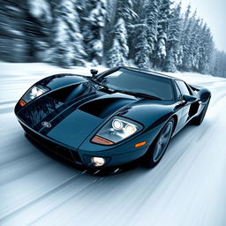 A 2006 Ford GT driving swiftly on a snowy track