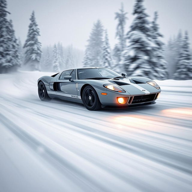 A 2006 Ford GT driving swiftly on a snowy track