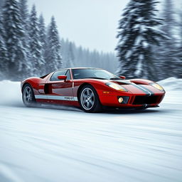 A 2006 Ford GT driving swiftly on a snowy track