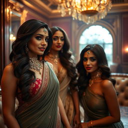 A composition showcasing elegant and glamorous Indian women in an intimate and opulent setting