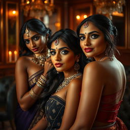 A composition showcasing elegant and glamorous Indian women in an intimate and opulent setting