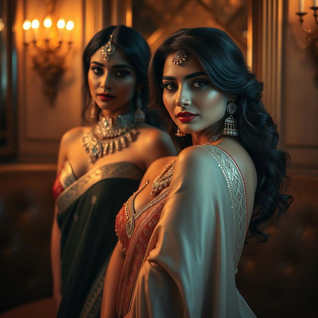 A composition showcasing elegant and glamorous Indian women in an intimate and opulent setting