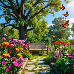 A beautiful outdoor garden scene with vibrant flowers and lush greenery, showcasing a clear blue sky and warm sunlight, birds chirping and butterflies fluttering around