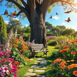 A beautiful outdoor garden scene with vibrant flowers and lush greenery, showcasing a clear blue sky and warm sunlight, birds chirping and butterflies fluttering around