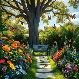 A beautiful outdoor garden scene with vibrant flowers and lush greenery, showcasing a clear blue sky and warm sunlight, birds chirping and butterflies fluttering around