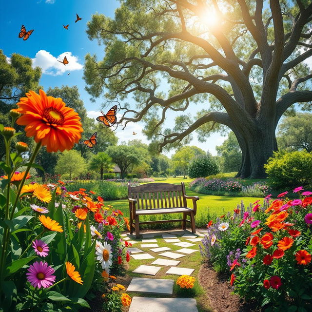 A beautiful outdoor garden scene with vibrant flowers and lush greenery, showcasing a clear blue sky and warm sunlight, birds chirping and butterflies fluttering around