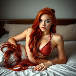 A stunning red-haired girl with striking features, lying gracefully on a bed, wearing a fashionable bikini that accentuates her natural beauty