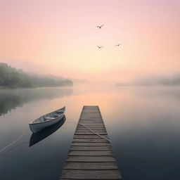 A serene lake at dawn surrounded by lush greenery, with a wooden dock extending into the water