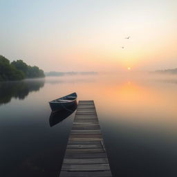 A serene lake at dawn surrounded by lush greenery, with a wooden dock extending into the water