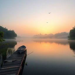 A serene lake at dawn surrounded by lush greenery, with a wooden dock extending into the water