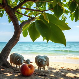 A serene seascape scene featuring sheep leisurely munching on a ripe peach near the shoreline