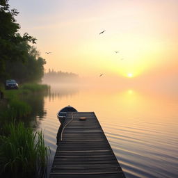 A serene lake at dawn surrounded by lush greenery, with a wooden dock extending into the water