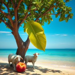 A serene seascape scene featuring sheep leisurely munching on a ripe peach near the shoreline