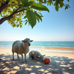 A serene seascape scene featuring sheep leisurely munching on a ripe peach near the shoreline