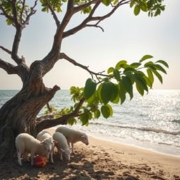 A serene seascape scene featuring sheep leisurely munching on a ripe peach near the shoreline