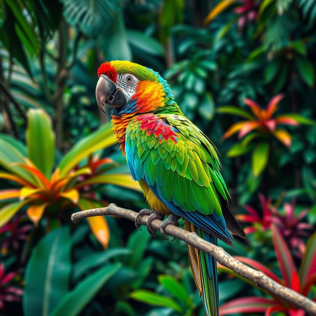 A vivid and colorful parrot perched on a branch in a lush tropical rainforest