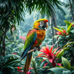 A vivid and colorful parrot perched on a branch in a lush tropical rainforest