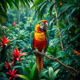 A vivid and colorful parrot perched on a branch in a lush tropical rainforest