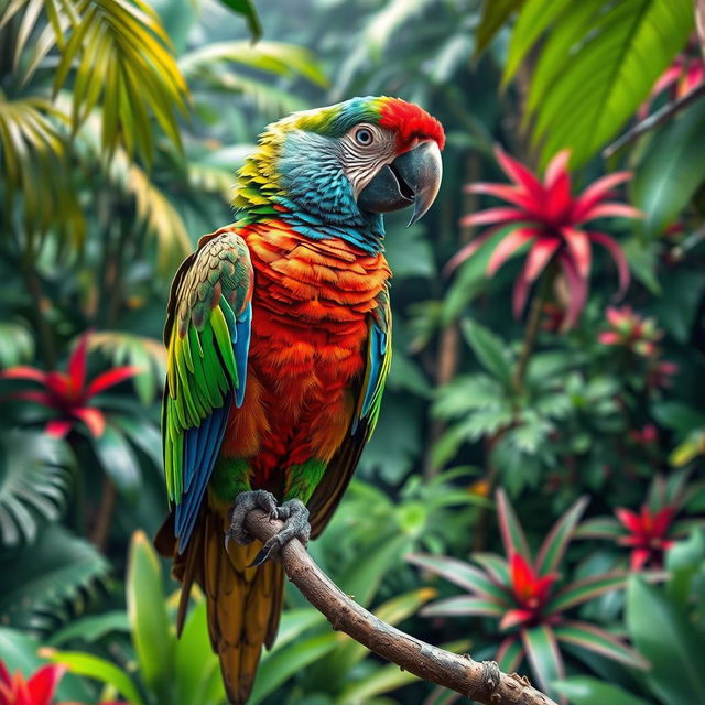 A vivid and colorful parrot perched on a branch in a lush tropical rainforest