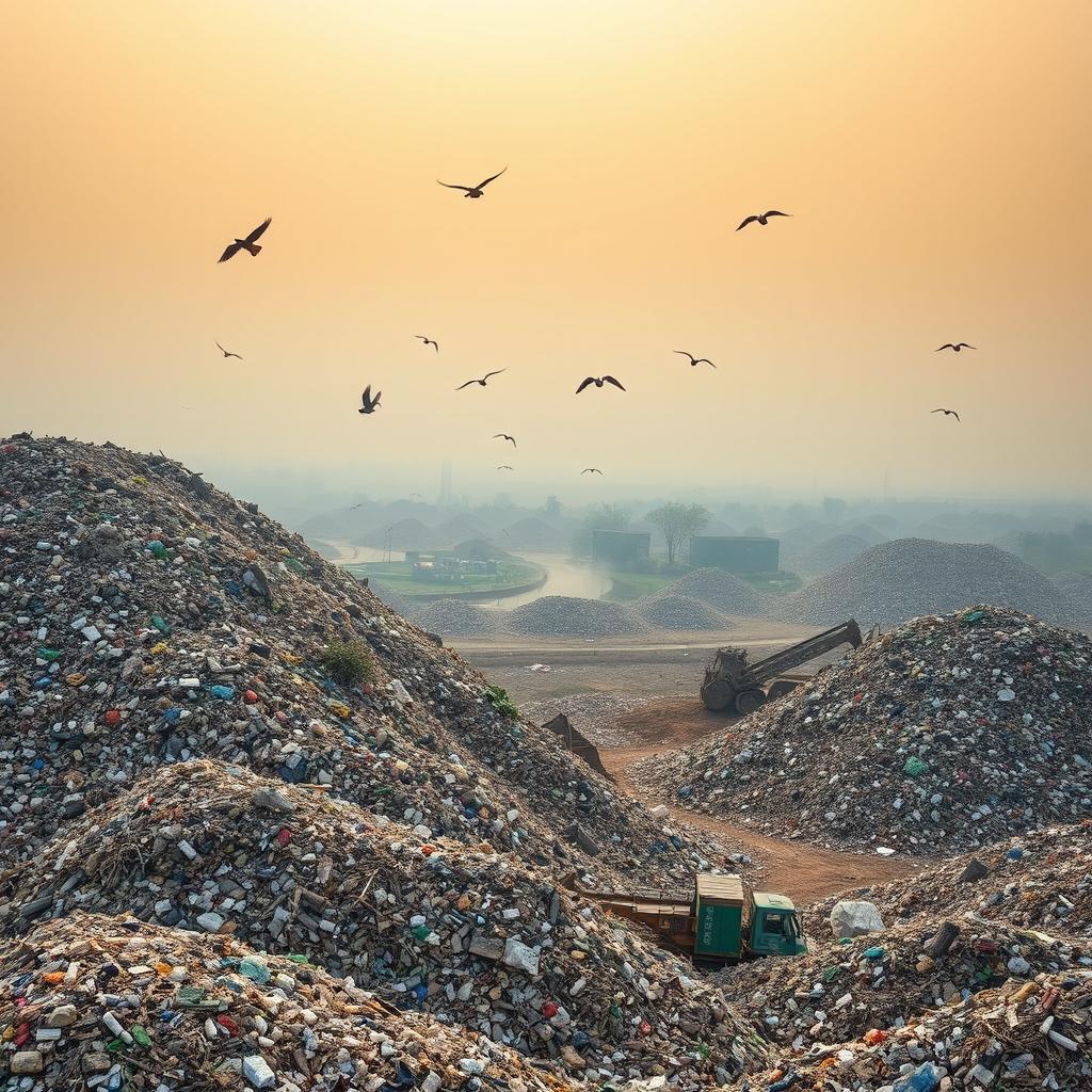 Aerial view of the Ghaziapur landfill, showcasing the vast expanse of waste materials and debris