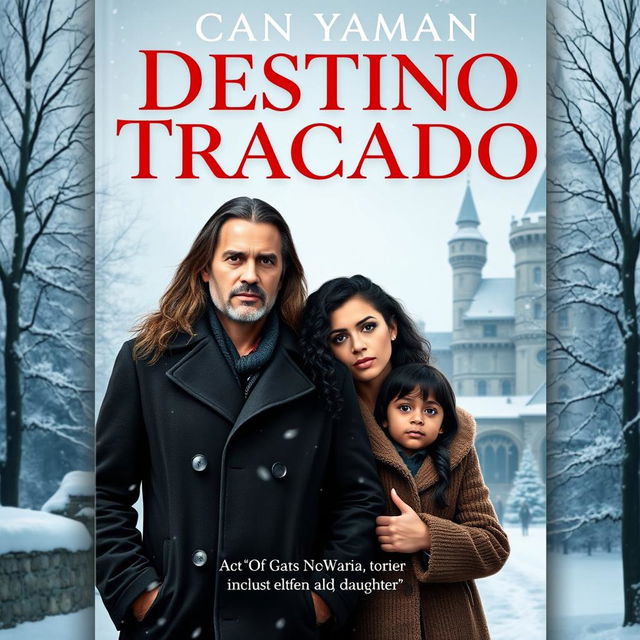 A book cover with the title "Destino Traçado" featuring the actor Can Yaman with long hair, alongside a young Black woman with curly hair wearing an overcoat