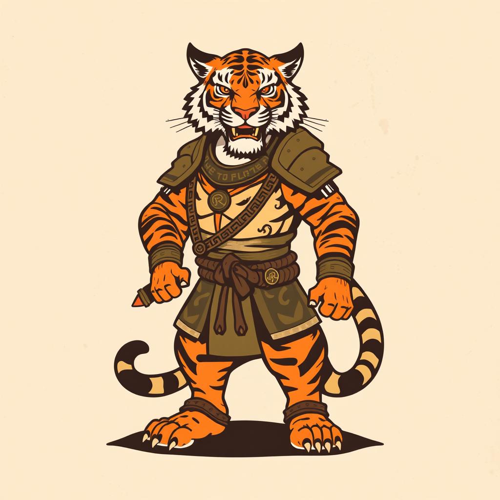 A vintage-inspired illustration of a tiger warrior, combining elements of strength and wisdom in a retro style