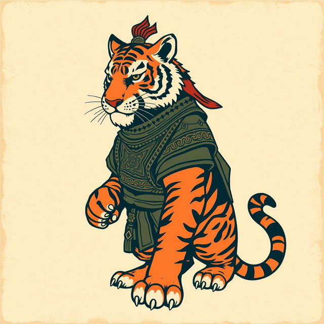 A vintage-inspired illustration of a tiger warrior, combining elements of strength and wisdom in a retro style