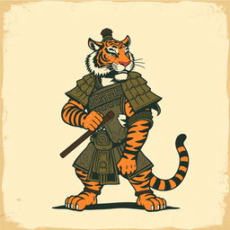 A vintage-inspired illustration of a tiger warrior, combining elements of strength and wisdom in a retro style