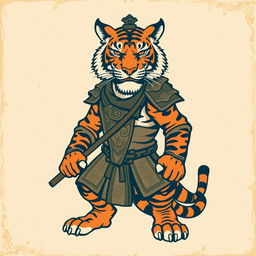 A vintage-inspired illustration of a tiger warrior, combining elements of strength and wisdom in a retro style