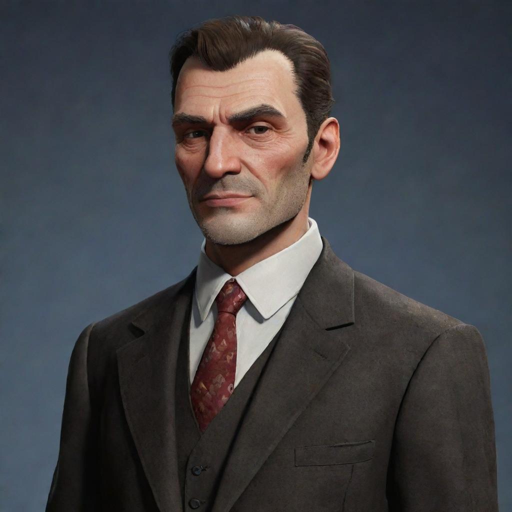 A character named Arthur Korobkin, showcasing expressive features, tailored attire, and a welcoming demeanor.