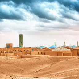 The ancient city of Yazd in the year 1200 Hijri solar, under a majestic sky adorned with white clouds, showcasing windcatchers and sand-colored architecture