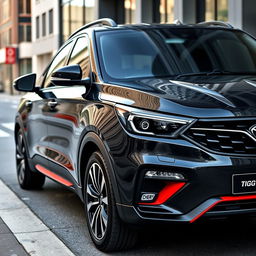 A sleek Black Chery Tiggo 7 Pro with stylish and bold red accent trims