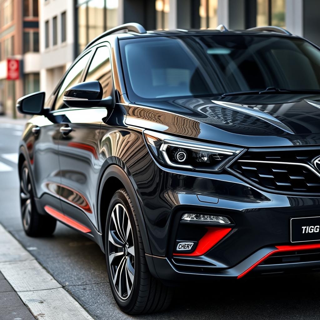 A sleek Black Chery Tiggo 7 Pro with stylish and bold red accent trims