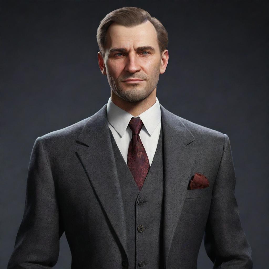 A character named Arthur Korobkin, showcasing expressive features, tailored attire, and a welcoming demeanor.